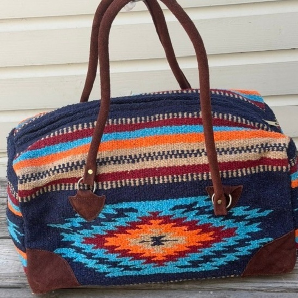 Southwestern Woven Wool Duffle Bag Navy Blue Orange Geometric Weekender Travel